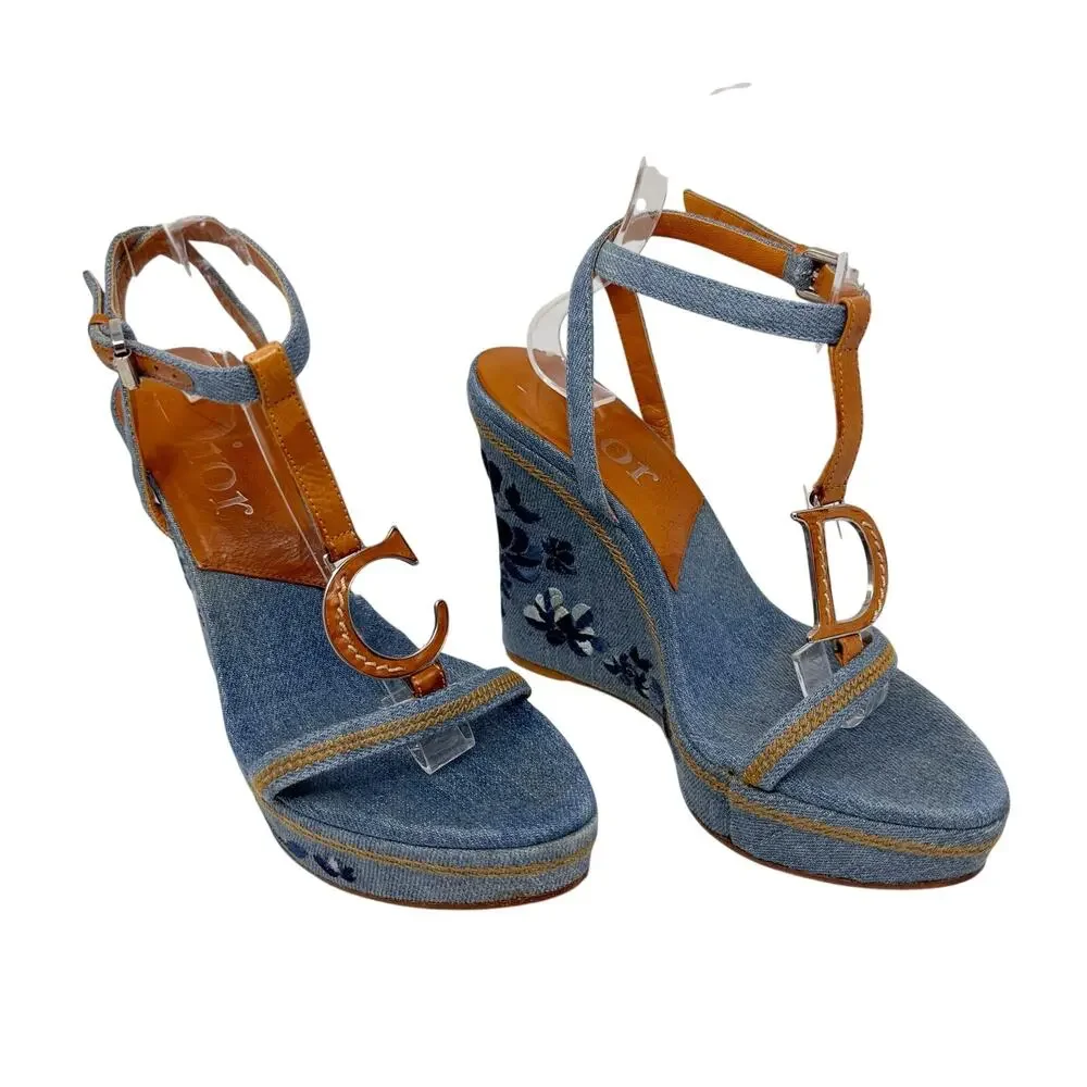 Christian Dior Galliano Denim Floral Embroidered CD Wedge Sandals Size 37